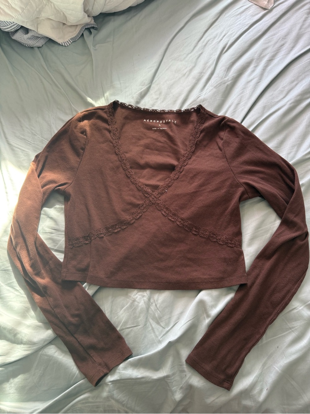 Aeropostale Chocolate Brown Lace-Trim Long Sleeve Wrap Top